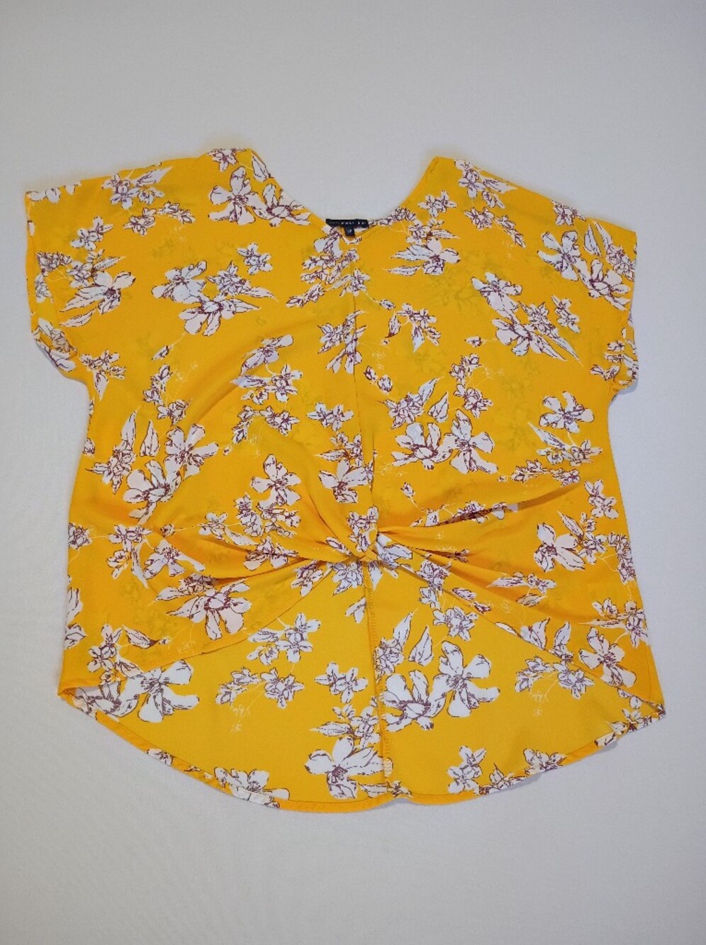 West Kei Allura Knot Detail Blouse Yellow Floral V-Neck Top Size LP Large Petite